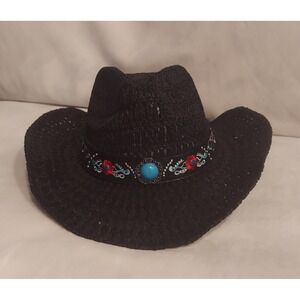 Peter Grimm Womens Black Danni Natural Fiber Straw Cowgirl Hat w/Hidden Pocket